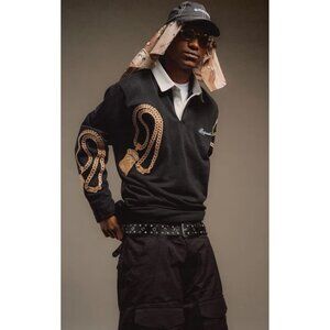 Brigade Mens Jesus Piece Rugby Shirt Black Gold Chain Embroidered Cotton Sze 2XL